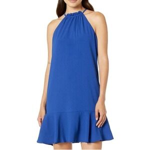 NWT Trina Turk Aneeka Dress Royal Blue Sleeveless Halter Ruffle Hem Shift Mini